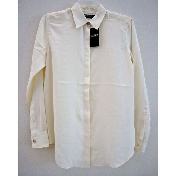 Lauren Ralph Lauren Women Sz S Winter Cream/Beige L/S Crepe Button-Up Shirt - Picture 1 of 10